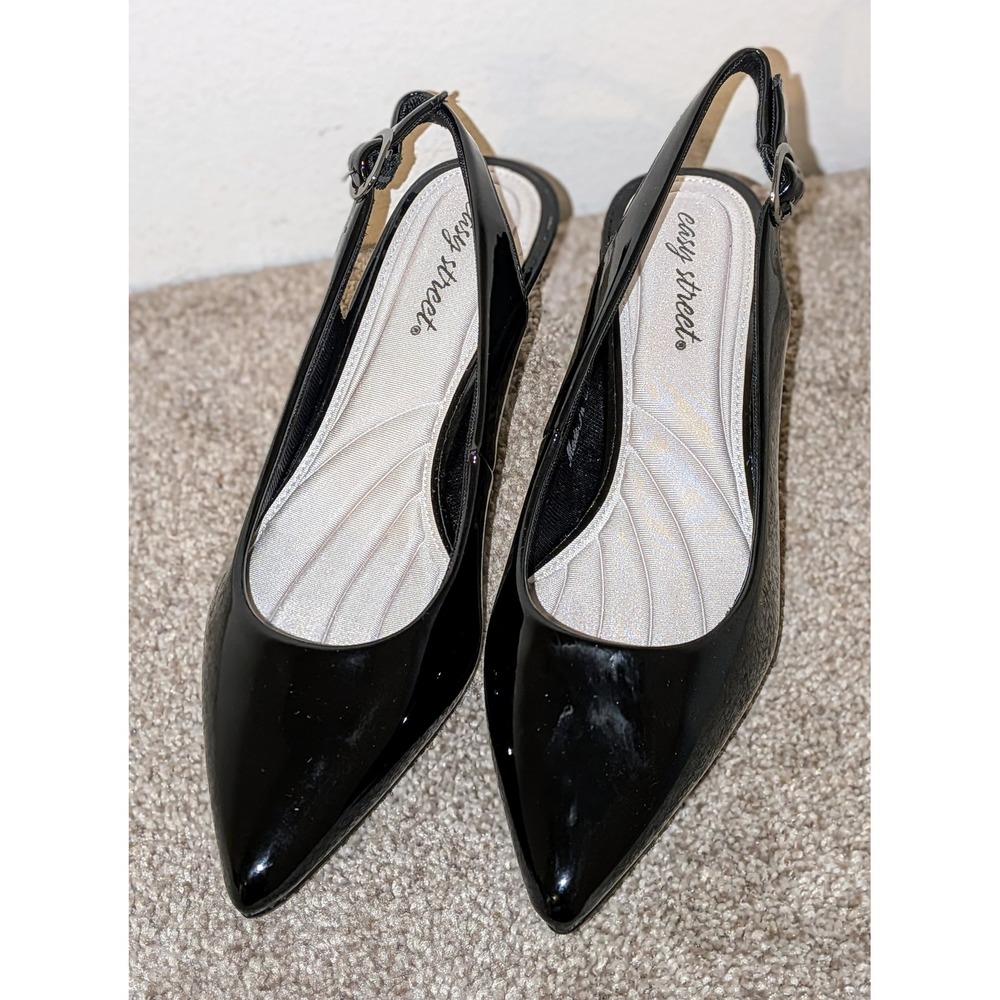 Easy Street Black Patent Slingback Heels Women Size 8.5 Wide‎ Kitten Heel NEW